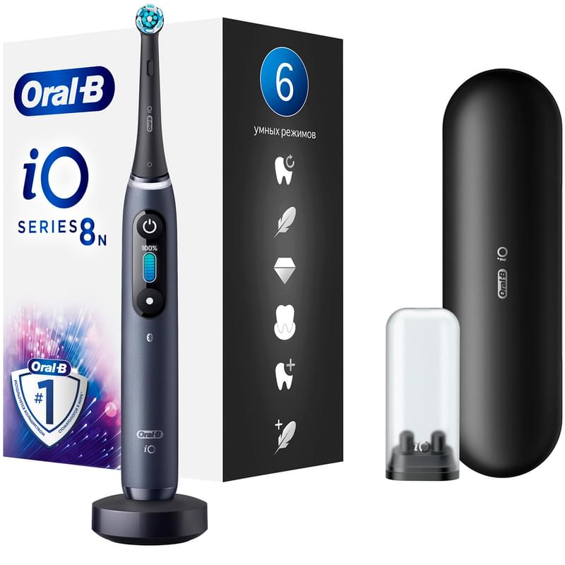 Электрическая зубная щётка Oral-B iO Series 8 Black Onyx, с инновационной магнитной технологией, цветной дисплей, премиальный дорожный футляр, Чёрная - фото #0, Technodom.kz